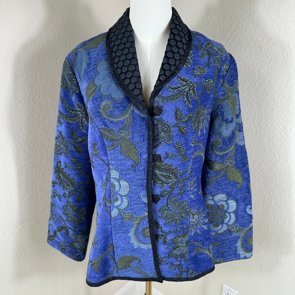 Mary Lynn O'Shea Jacket Womens Petite XS Blue Floral Tapestry Art To Wear Boho